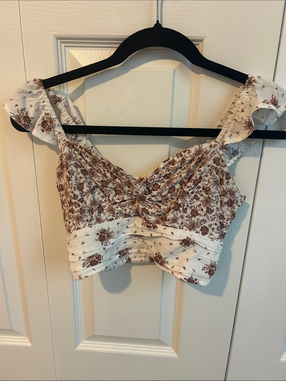 Altar'd State Cream and Brown Floral Ruffle Crop Top